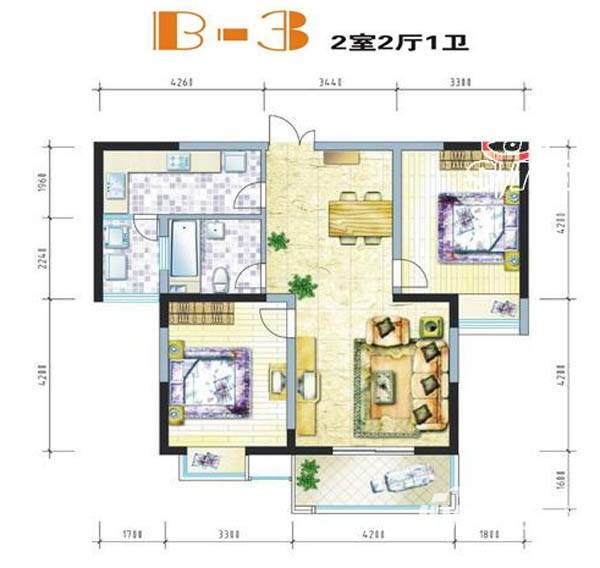 浐灞半岛户型图 b-3两室两厅一卫 100㎡