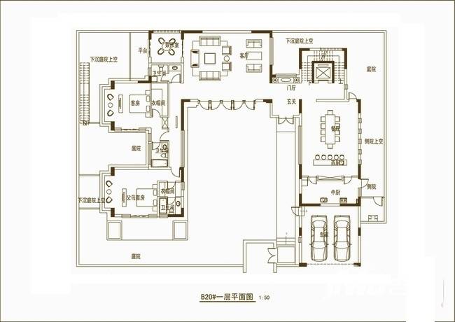 华侨城108坊户型图 华侨城·108坊小独栋别墅1-1一层平面户型图