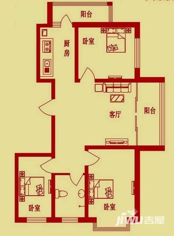 新龙城新龙城户型图 高层h户型三室一厅一卫 103.65㎡