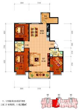 群力观江国际户型图 三室二厅使用面积116.98平米