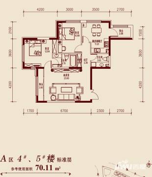 阅江山户型图 三室一厅一卫  70.11平米