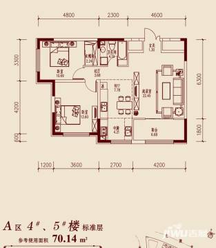 阅江山户型图 三室一厅一卫    70.14平米