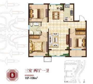 保利城户型图 b户型 107㎡