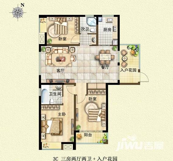 新城牡丹公园世纪绿都万和城户型图 3c三房两厅两卫 入户花园