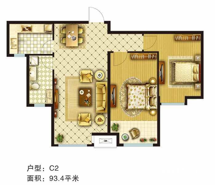 万和蓝山户型图 c2户型两室两厅一卫93.4平米 93.4㎡