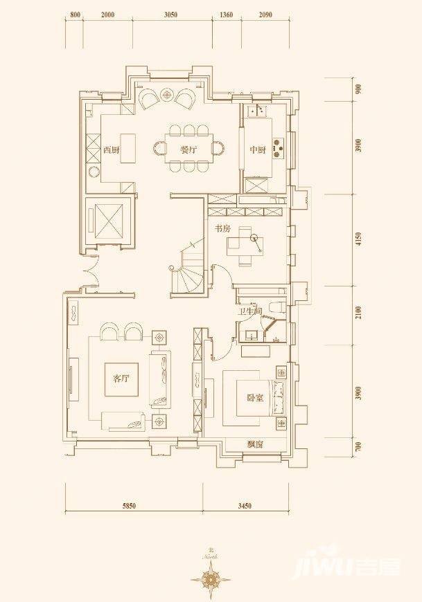 鸿坤林语墅别墅-联排127.7㎡户型图