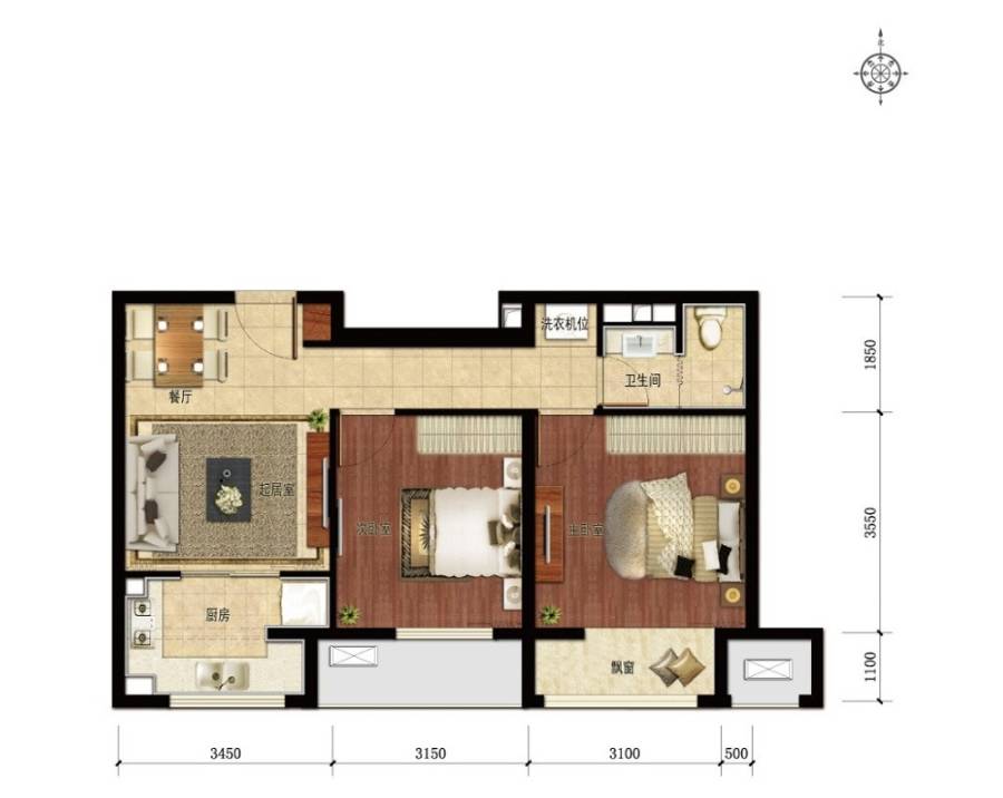 京投银泰万科西华府2室2厅1卫75㎡户型图