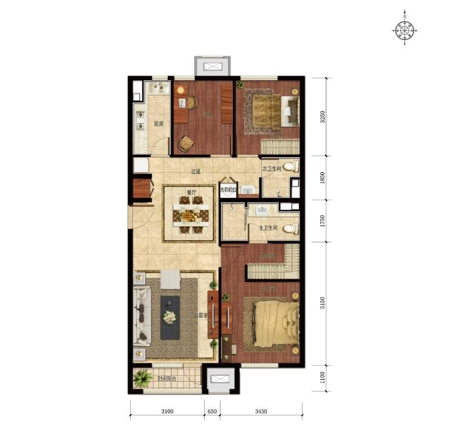 京投银泰万科西华府3室2厅2卫115㎡户型图