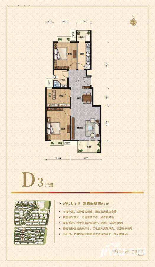 天恒乐活城D53室2厅1卫91㎡户型图