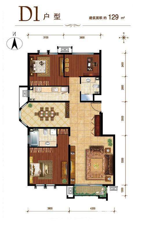 建邦华庭3室2厅2卫129㎡户型图