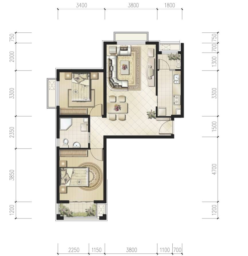 恒华安纳湖2室2厅1卫88㎡户型图