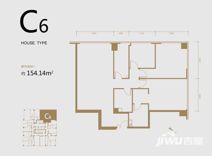 君安国际写字楼3室2厅2卫154.1㎡户型图