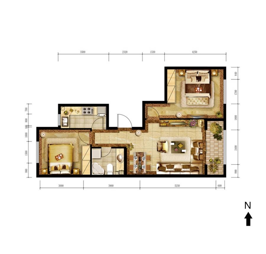 胜古誉园2室2厅1卫85㎡户型图