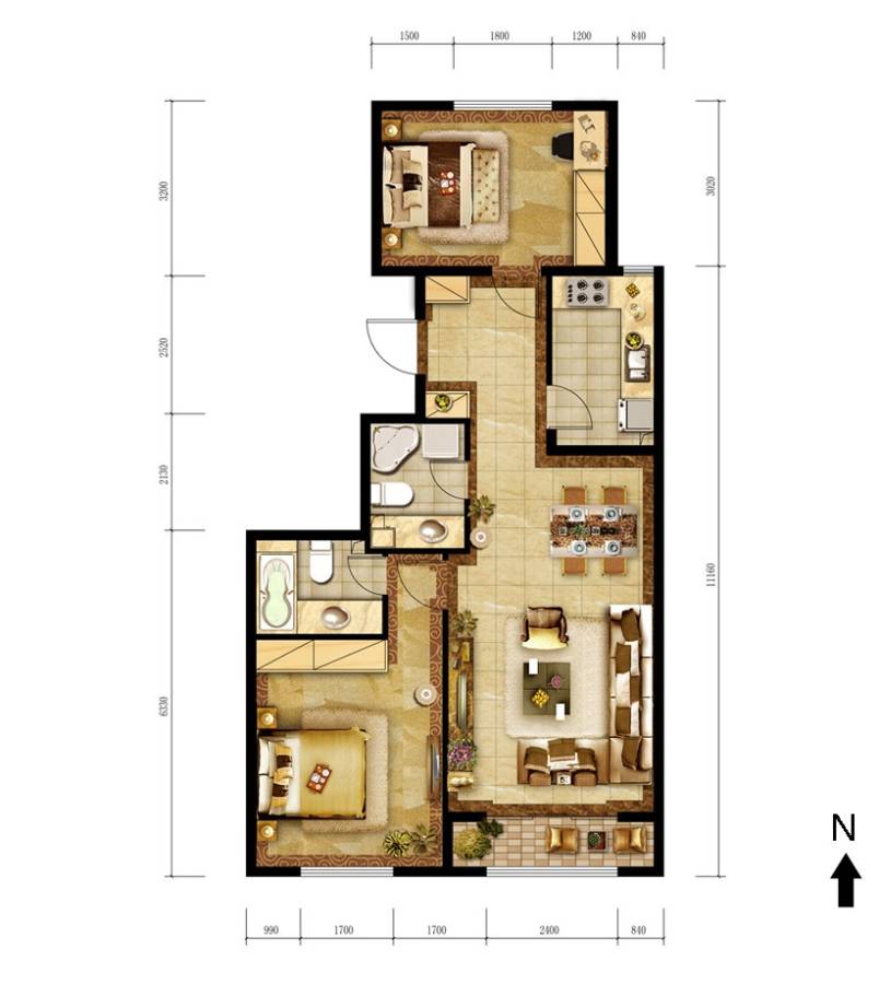 胜古誉园2室2厅2卫96㎡户型图