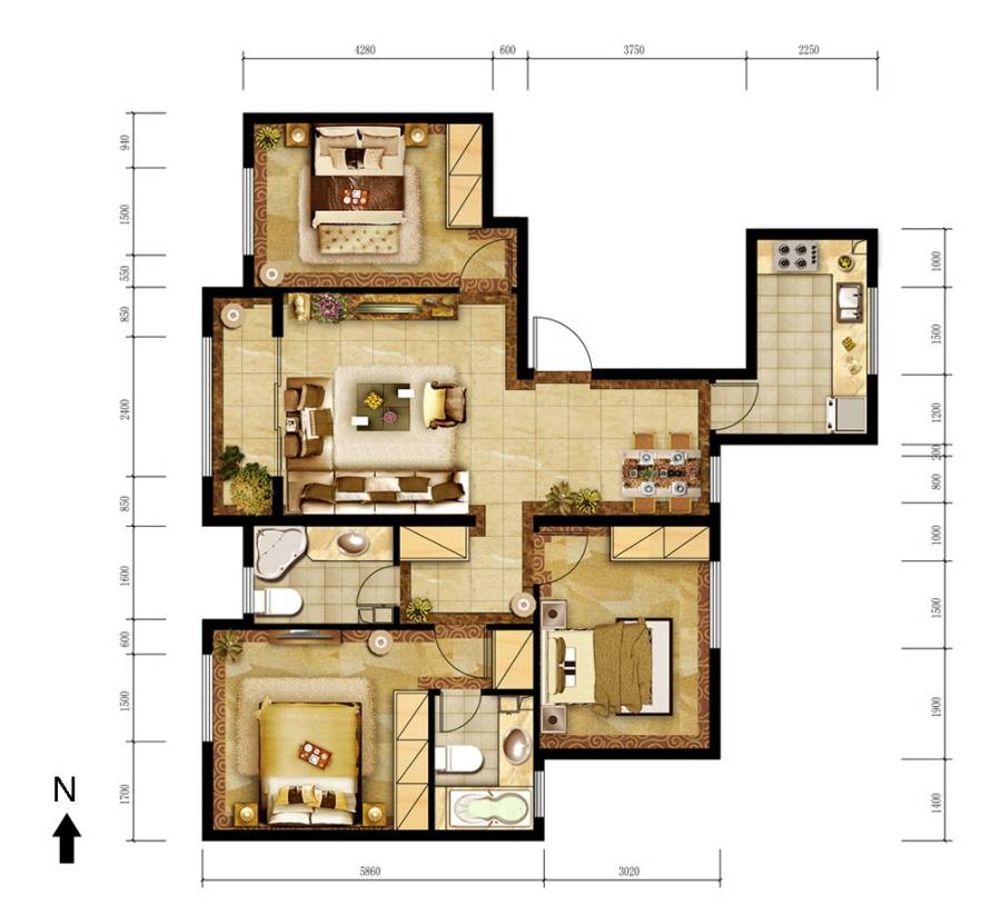 胜古誉园3室2厅2卫114㎡户型图