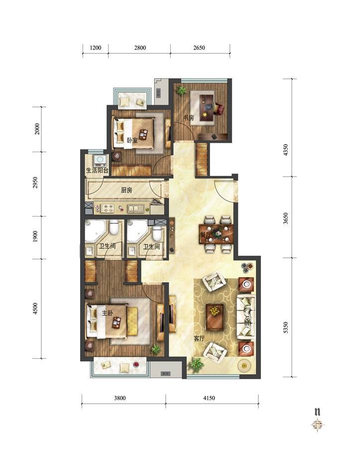 富力童话时光3室2厅2卫100㎡户型图