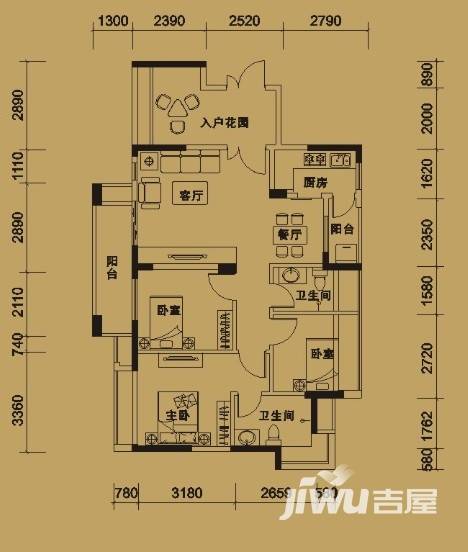 中央财津3室2厅2卫100㎡户型图