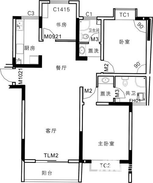 西城美苑3室2厅2卫120.9㎡户型图