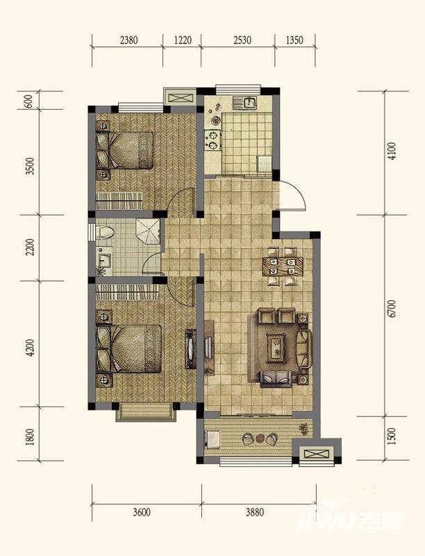 泰华城大益华府2室2厅1卫88㎡户型图