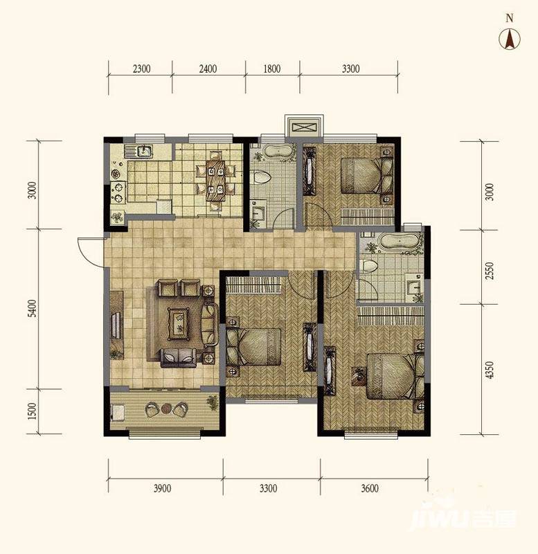 泰华城大益华府3室2厅2卫128㎡户型图