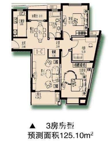 绿洲古猗新苑3室2厅2卫125.1㎡户型图