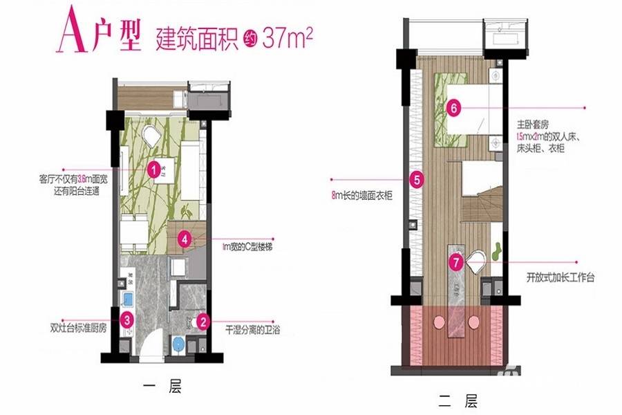 龙湖北城天街2室1厅1卫37㎡户型图