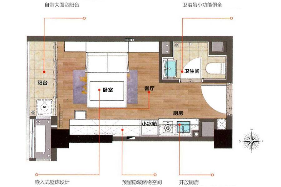 龙湖北城天街1室1厅1卫28㎡户型图