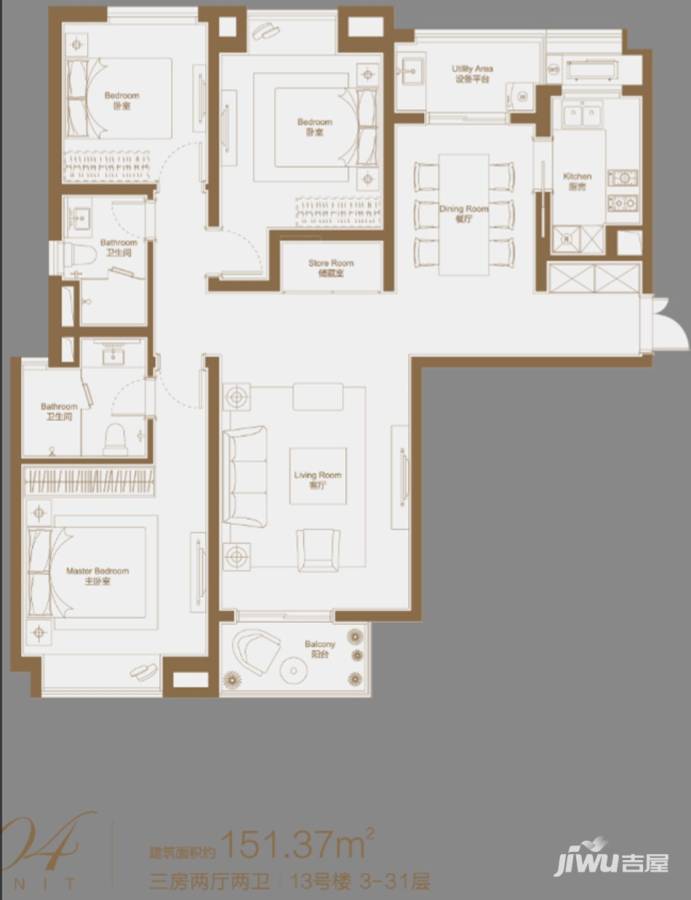 瑞虹新城悦庭3室2厅2卫151.4㎡户型图