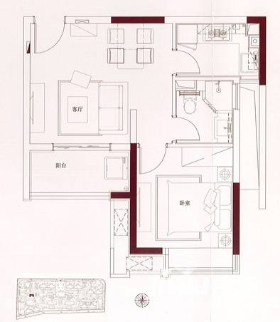 绿地新里派克公馆1室2厅1卫55㎡户型图