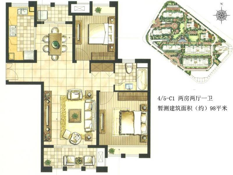 尼德兰花园2室2厅1卫98㎡户型图