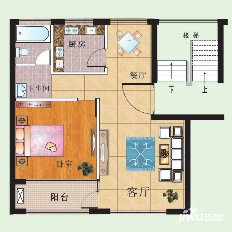 青浦珠光苑1室2厅1卫64.9㎡户型图