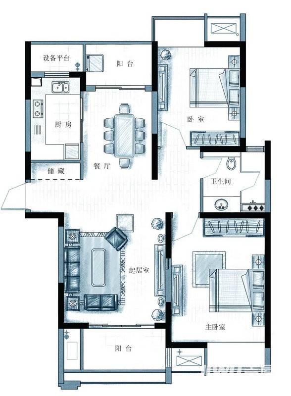 上海三湘海尚2室2厅1卫102㎡户型图