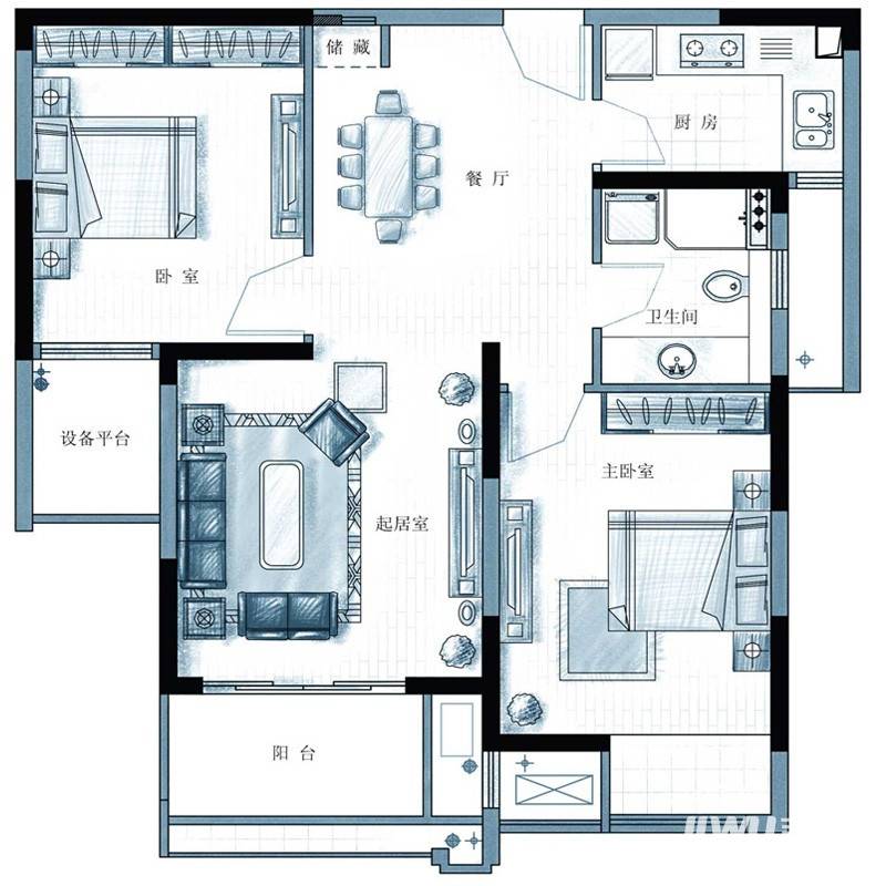 上海三湘海尚2室2厅1卫88㎡户型图