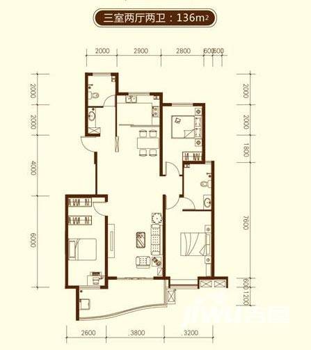 中央绿城3室2厅1卫136㎡户型图