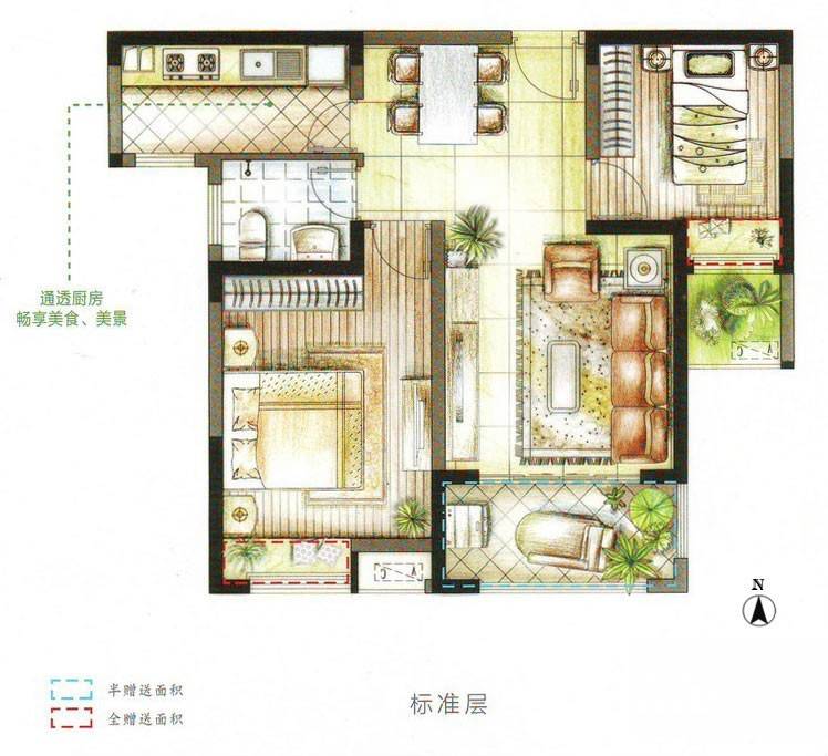 南山金城19582室2厅1卫80㎡户型图