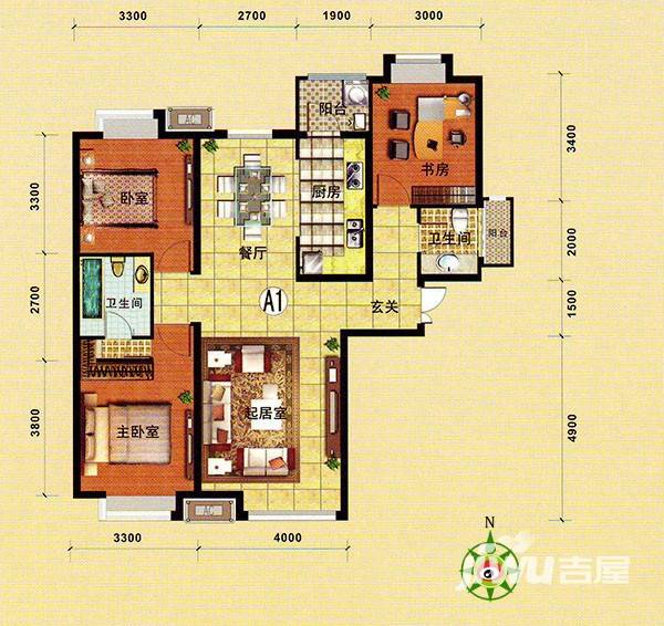 凯旋中央公园二期3室2厅2卫127.5㎡户型图