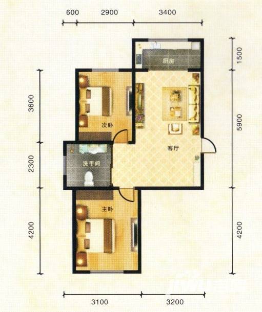 九新雾凇水岸2室1厅1卫71.5㎡户型图