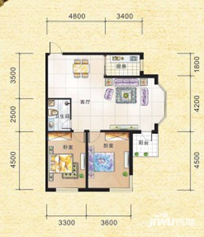 九新雾凇水岸2室2厅1卫101.4㎡户型图