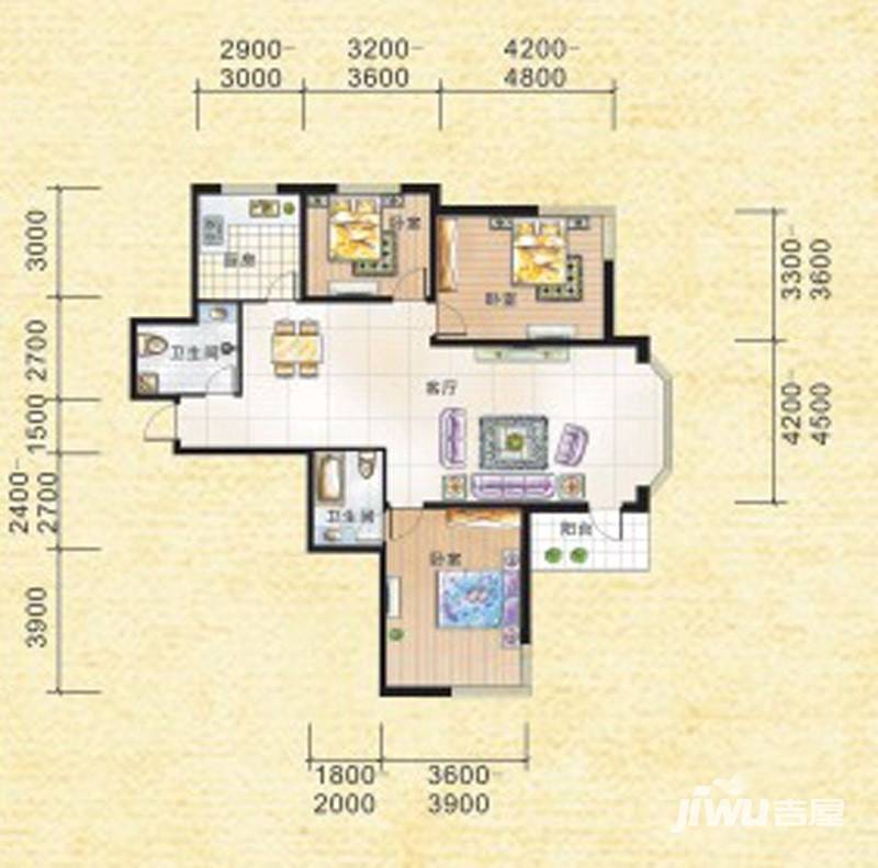 九新雾凇水岸3室2厅2卫129.9㎡户型图