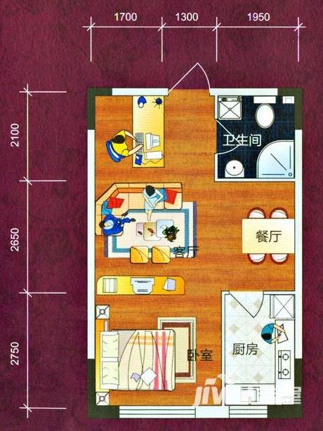 西城首府1室2厅1卫48㎡户型图