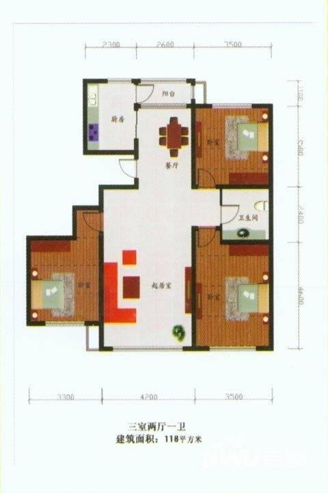 天鸿水岸馨都3室2厅1卫118㎡户型图