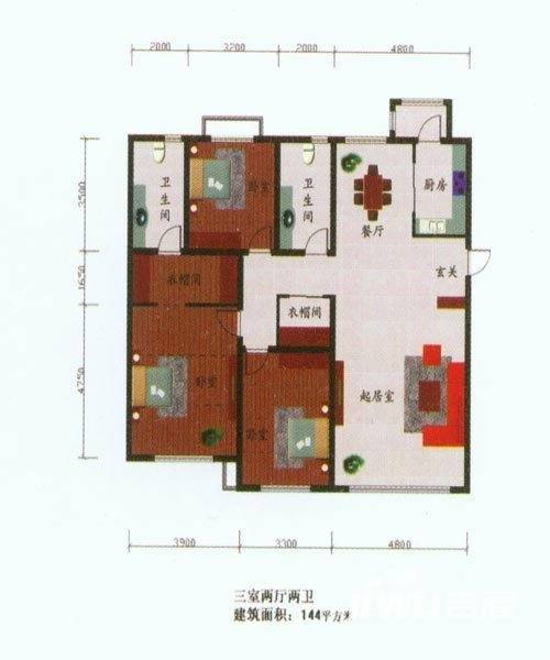 天鸿水岸馨都3室2厅2卫144㎡户型图