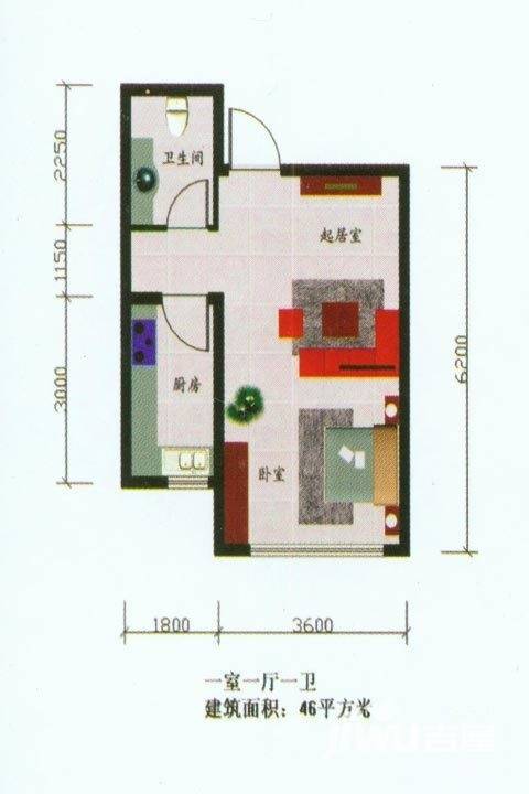 天鸿水岸馨都1室1厅1卫46㎡户型图