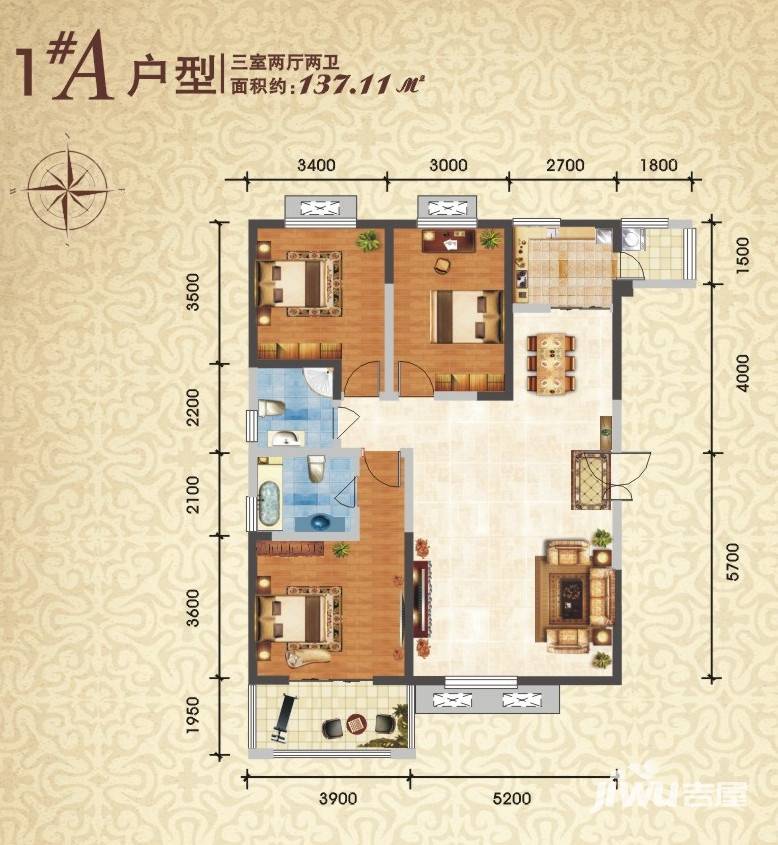 铁投V领郡3室2厅2卫137.1㎡户型图