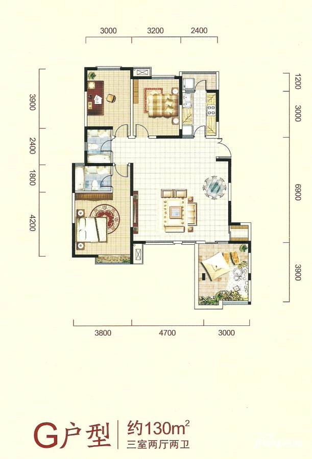 金泰丝路花城3室2厅2卫130㎡户型图