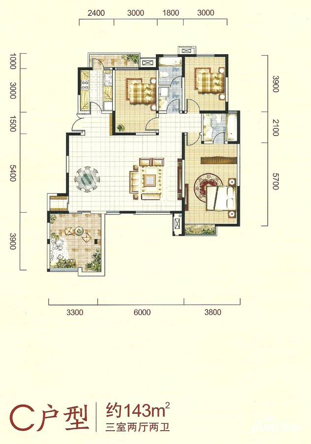 金泰丝路花城3室2厅2卫143㎡户型图