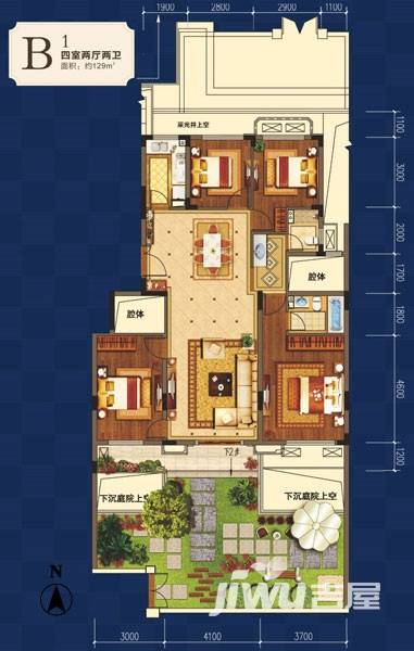 绿地海外滩4室2厅2卫129㎡户型图