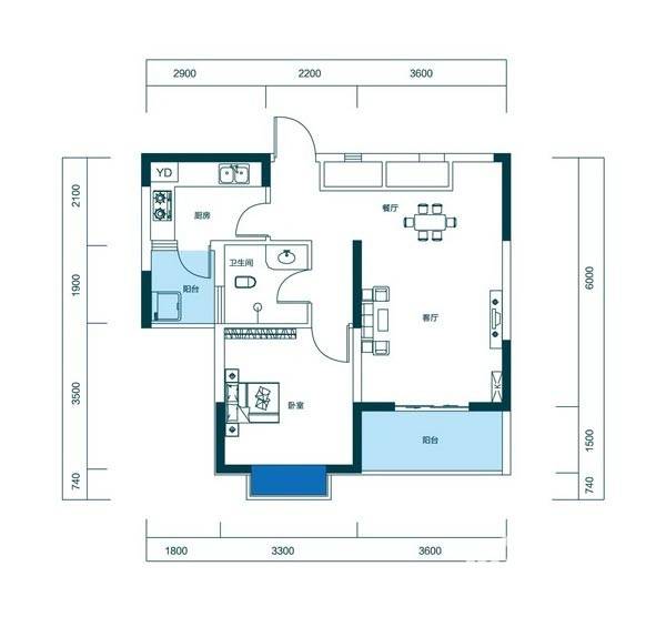 融源及第1室2厅1卫63㎡户型图