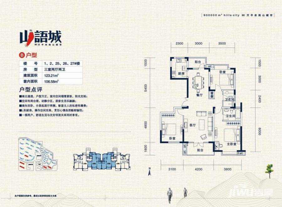 中国铁建山语城户型图 b户型 三室两厅两卫 建筑面积:123.21平方米