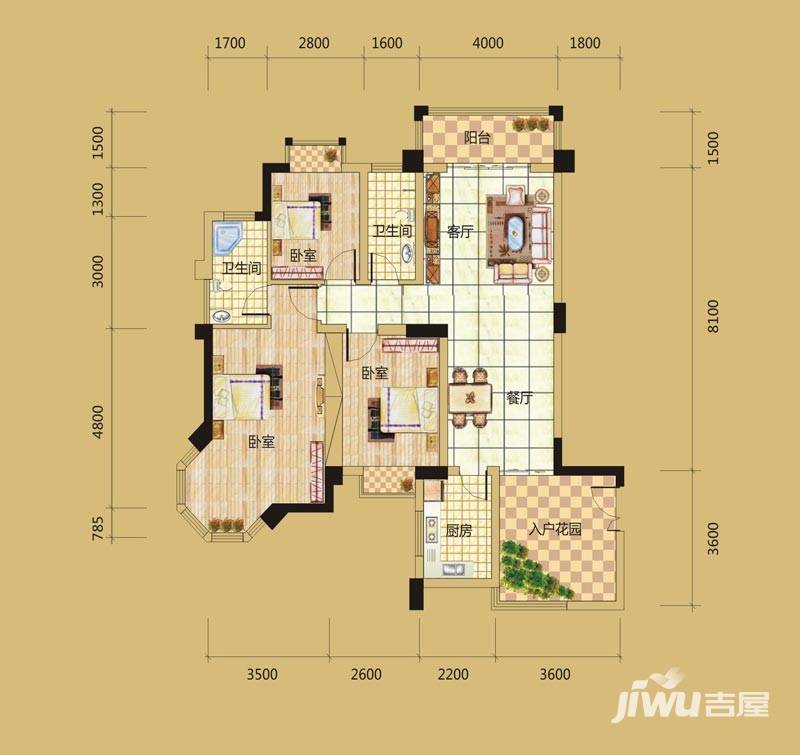 天晟海拔东方3室2厅1卫125㎡户型图